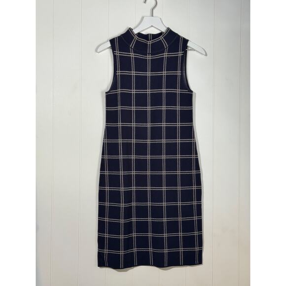 Ann Taylor· Small Petite · Navy Cream Grid Knit Dress · Mock Neck · Sleeveless - Picture 2 of 7